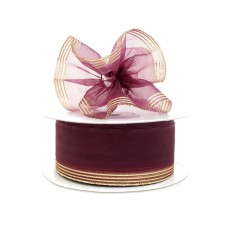 1.5 Inch Burgundy Organza Pull Bow Ribbon With 4 Rows of Gold Stripe Accents, 25 Yards (Lot of 1 Spool) SALE ITEM